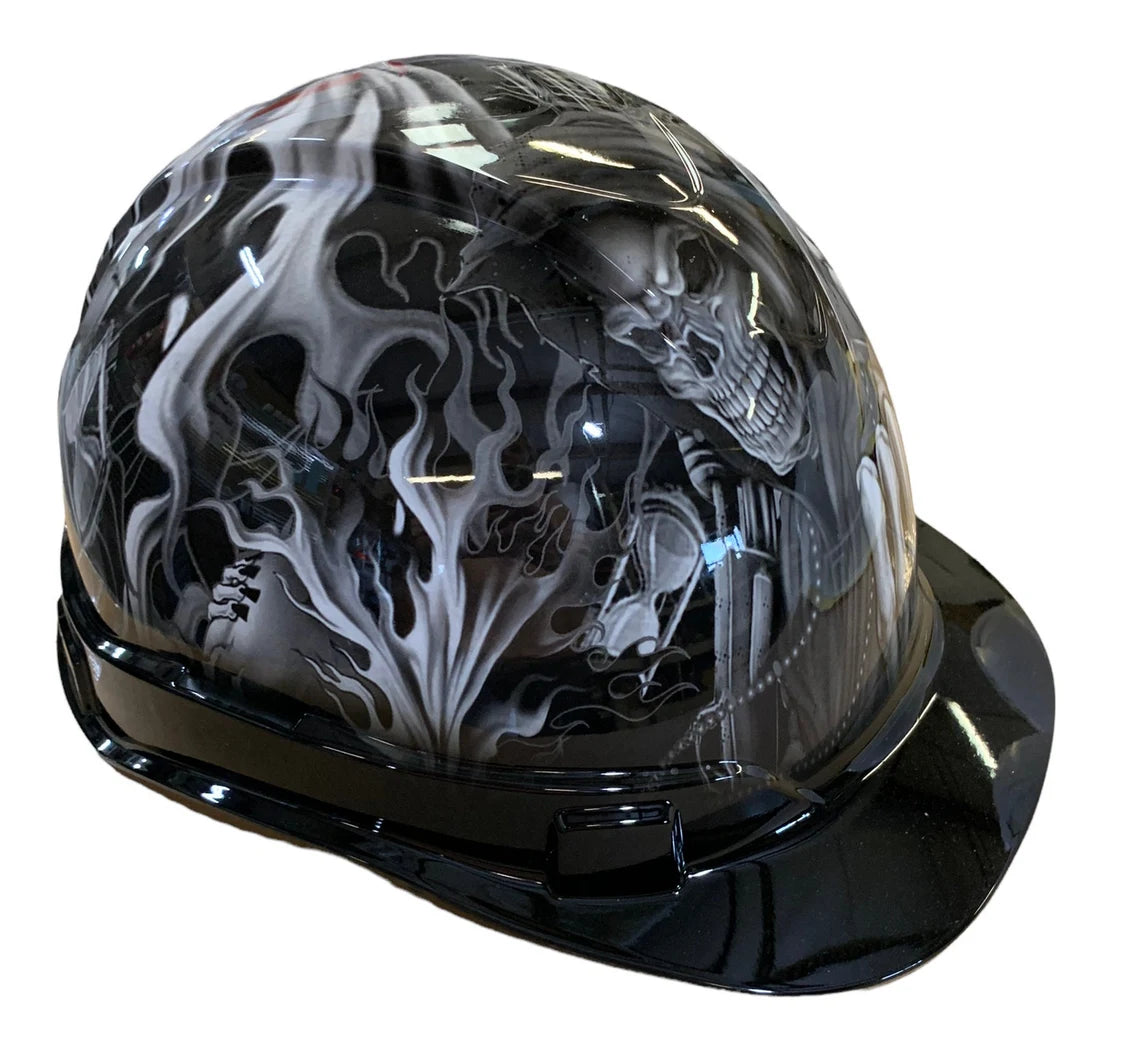 Custom Hydro Dipped Hard Hat Ridgeline Cap Style White Ace Of Skulls with Black Brim