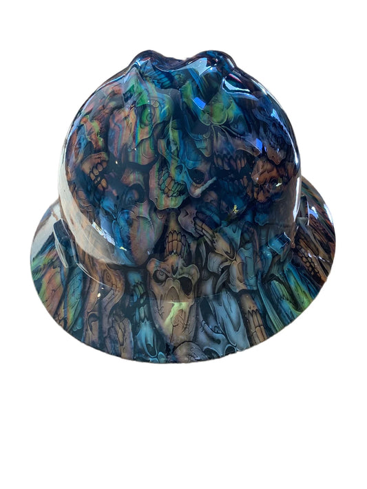 Custom Hard Hat Hydro Dipped Oil Slick Insanity Skulls MSA V-Gard Full Brim