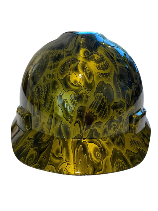 Hard Hat MSA V-Gard Cap Style Custom Hydro Dipped Kandy Gold Negative Insanity Skulls