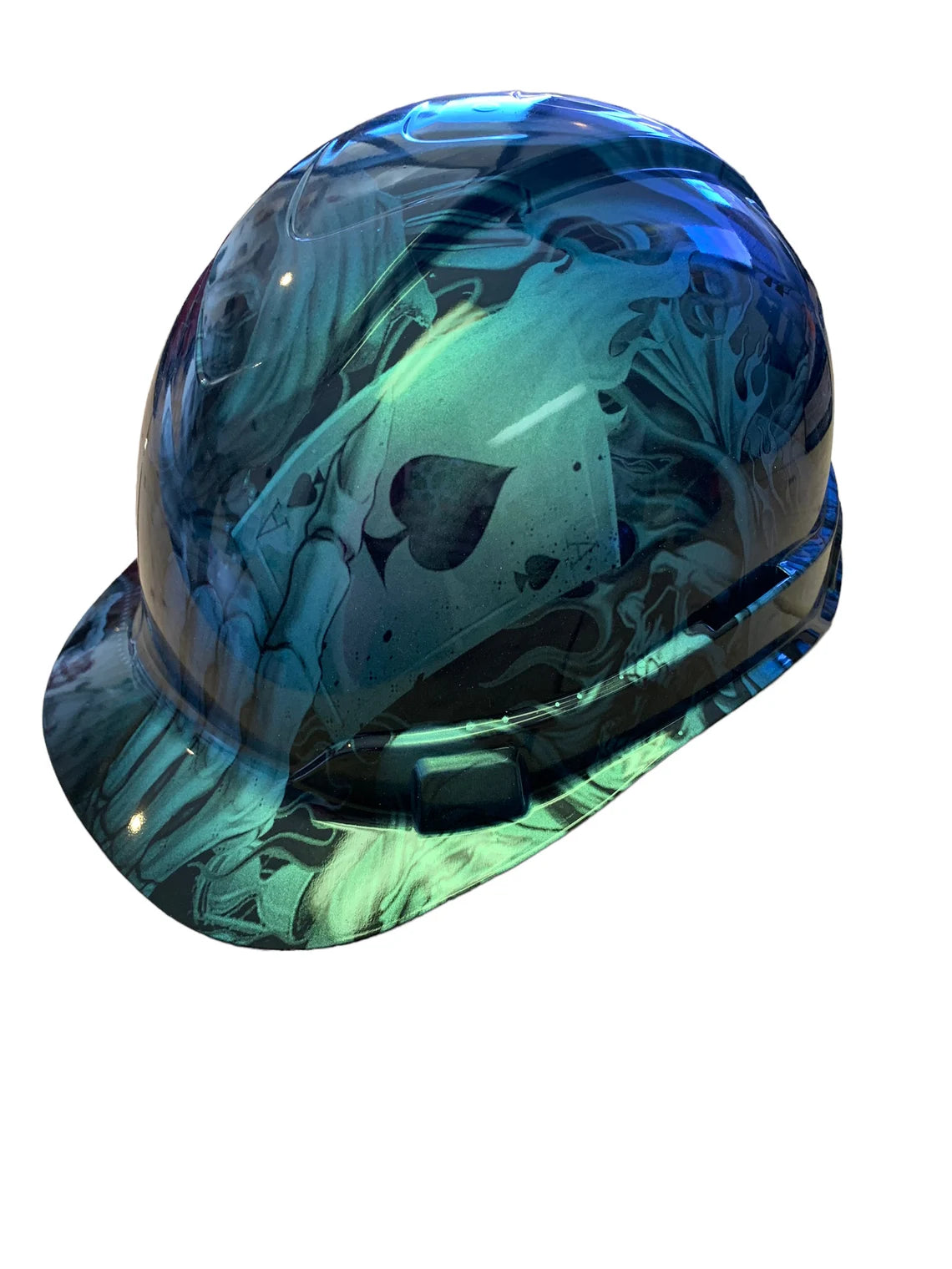 Custom Hydro Dipped Hard Hat Ridgeline Cap Style Blue Green Chameleon Ace of Skulls