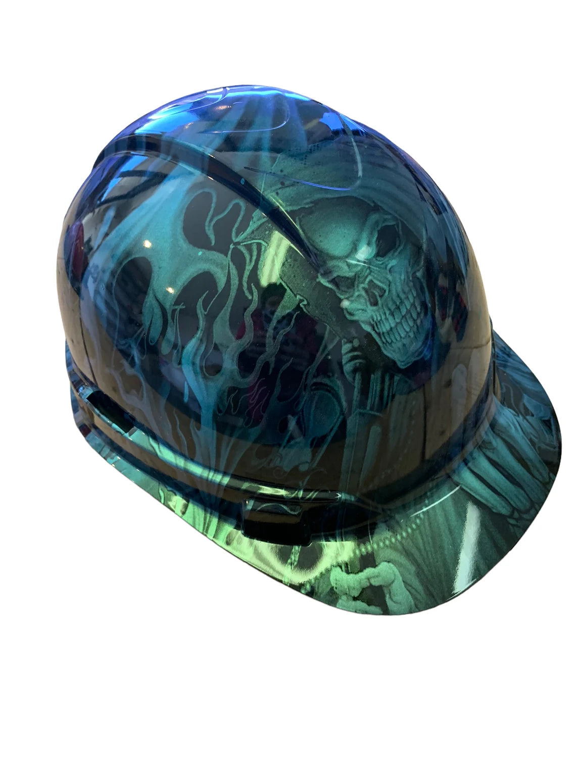 Custom Hydro Dipped Hard Hat Ridgeline Cap Style Blue Green Chameleon Ace of Skulls