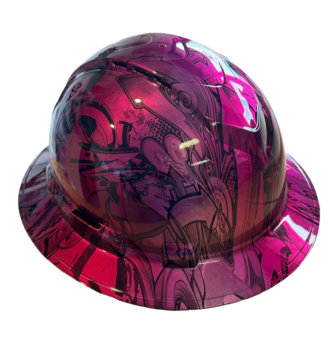 Custom Hard Hat Vented 2 Toned Kandy Cherry/Purple Graffiti Hydro Dipped Full Brim Ridgeline