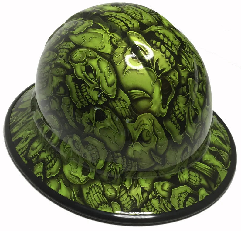 Custom Hard Hat Sublime Green Insanity Skulls Ridgeline Full Brim With Black EdgeGard