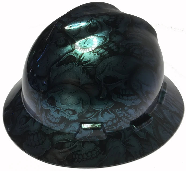 Custom Hydro Dipped Hard Hat MSA V-Gard Full Brim Blue Green Chameleon Insanity Skulls