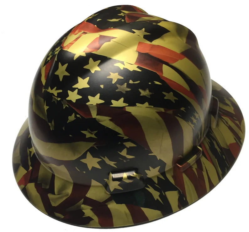 Custom Hydro Dipped Hard Hat Gold Metallic American Flags MSA V-Gard Full Brim