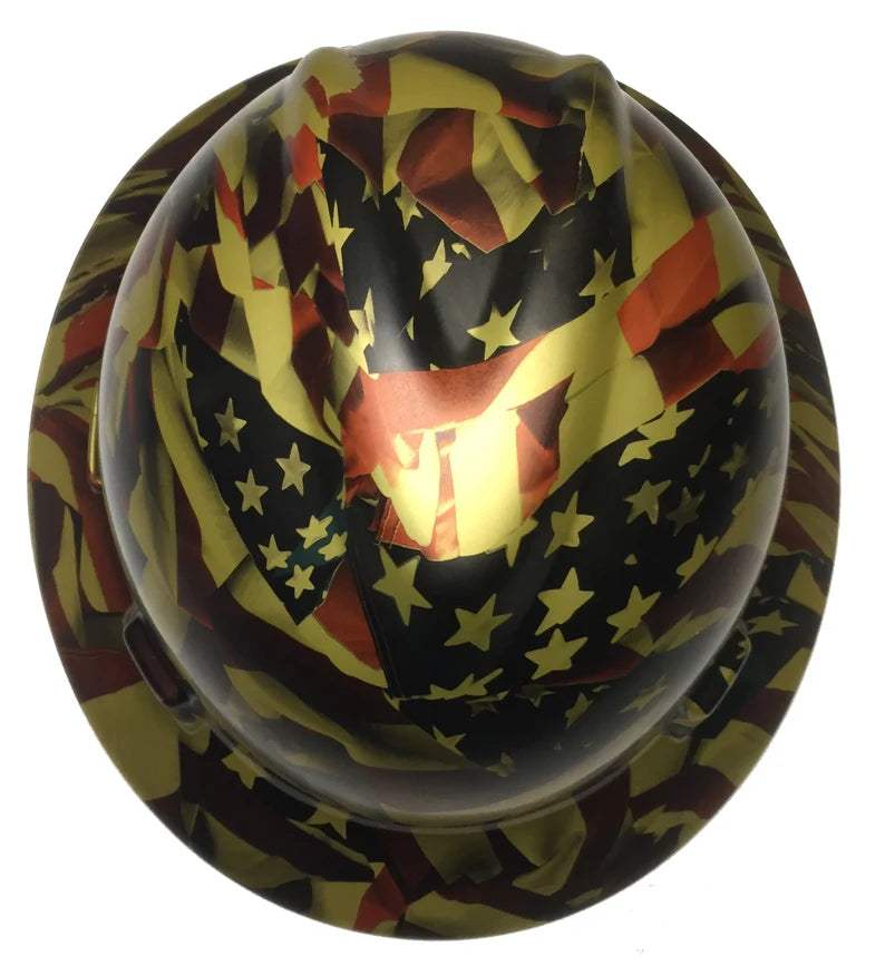 Custom Hydro Dipped Hard Hat Gold Metallic American Flags MSA V-Gard Full Brim