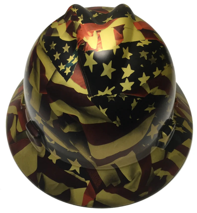 Custom Hydro Dipped Hard Hat Gold Metallic American Flags MSA V-Gard Full Brim