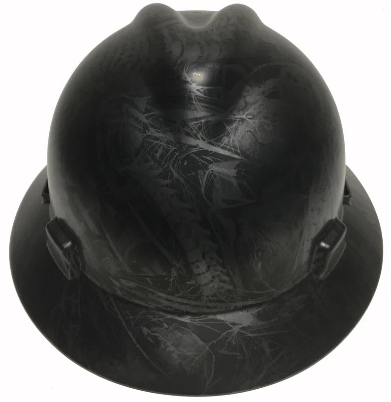 Custom Hard Hat Metallic Graphite Bio Mechanical MSA V-Gard Full Brim