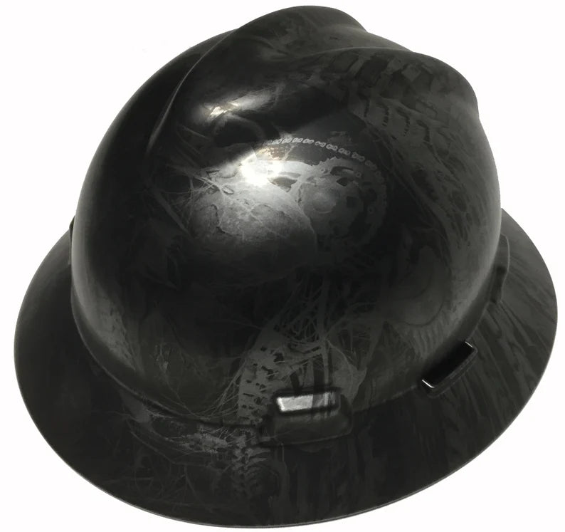 Custom Hard Hat Metallic Graphite Bio Mechanical MSA V-Gard Full Brim