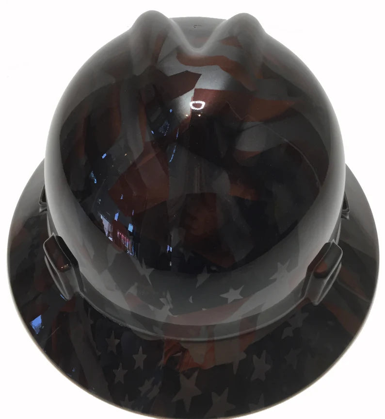 Custom Hard Hat Hydro Dipped Metallic Graphite American Flags MSA V-Gard Full Brim