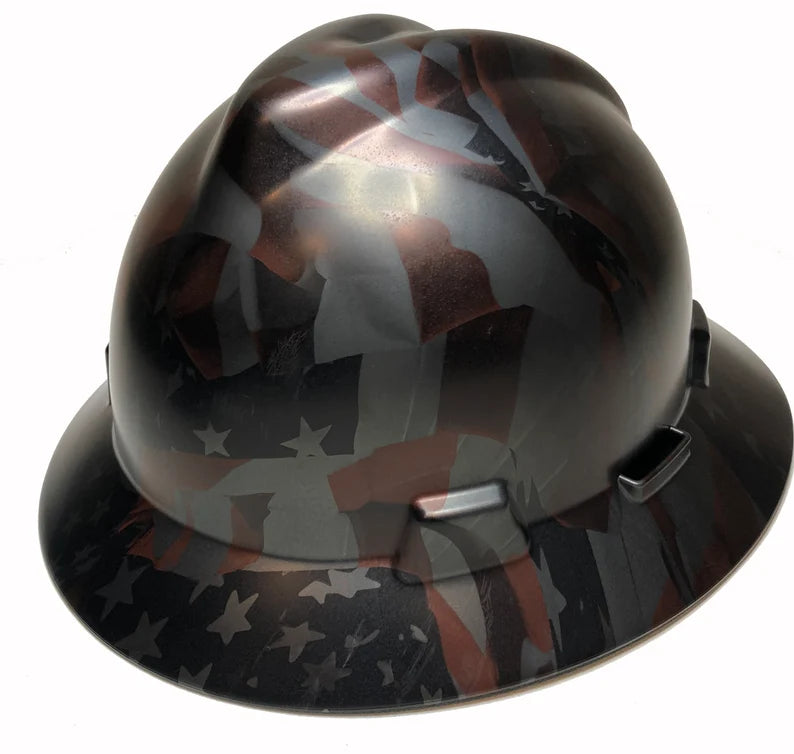 Custom Hard Hat Hydro Dipped Metallic Graphite American Flags MSA V-Gard Full Brim