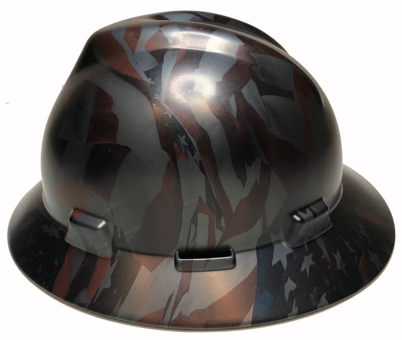 Custom Hard Hat Hydro Dipped Metallic Graphite American Flags MSA V-Gard Full Brim