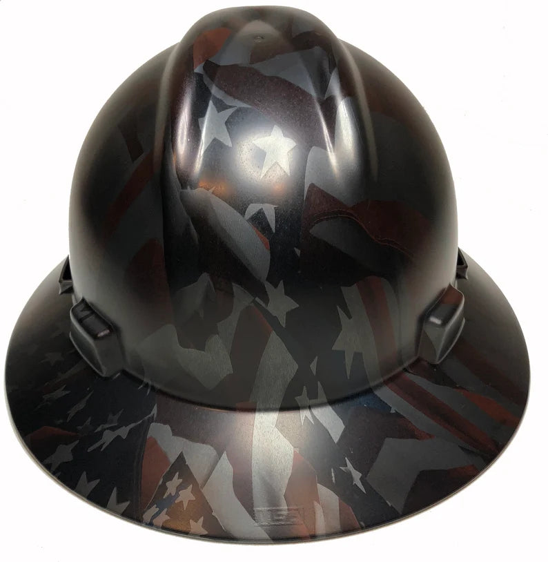 Custom Hard Hat Hydro Dipped Metallic Graphite American Flags MSA V-Gard Full Brim