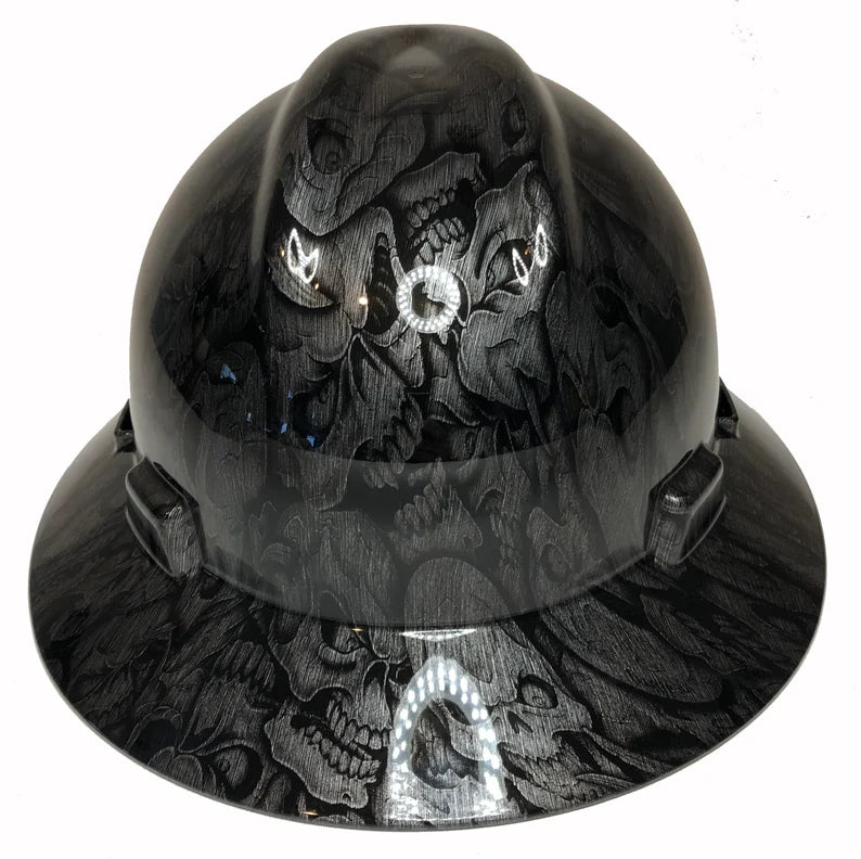 Custom Hard Hat Stainless Steel Insanity Skulls MSA V-Gard Full Brim