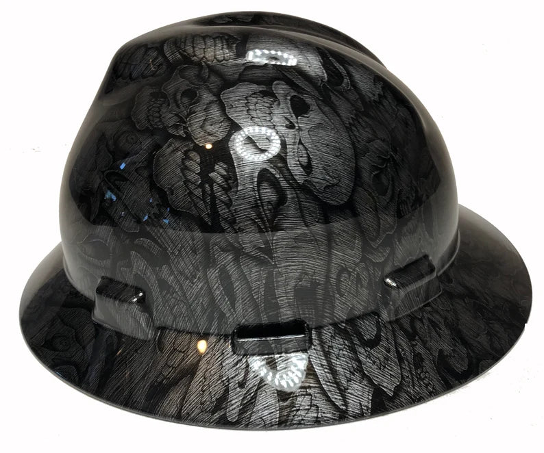 Custom Hard Hat Stainless Steel Insanity Skulls MSA V-Gard Full Brim