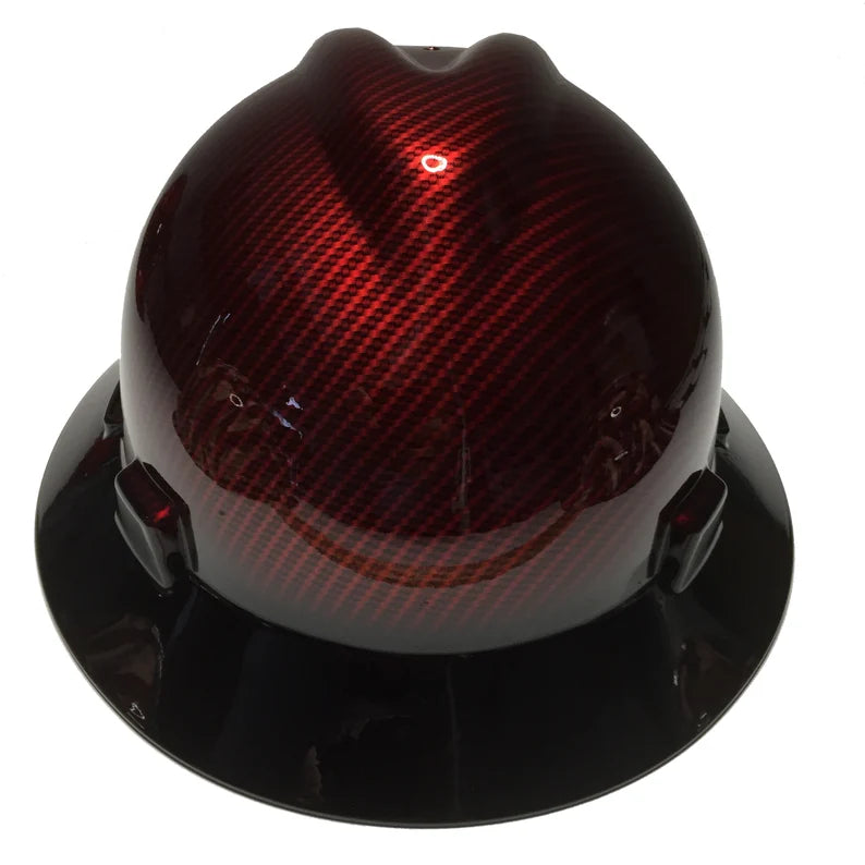 Custom Hard Hat MSA V-Gard Full Brim Kandy Red Carbon Fiber Hydro Dipped with Black Brim