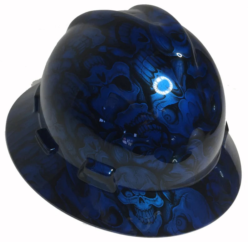 Custom Hard Hat Speedway Blue Insanity Skulls MSA V-Gard Full Brim