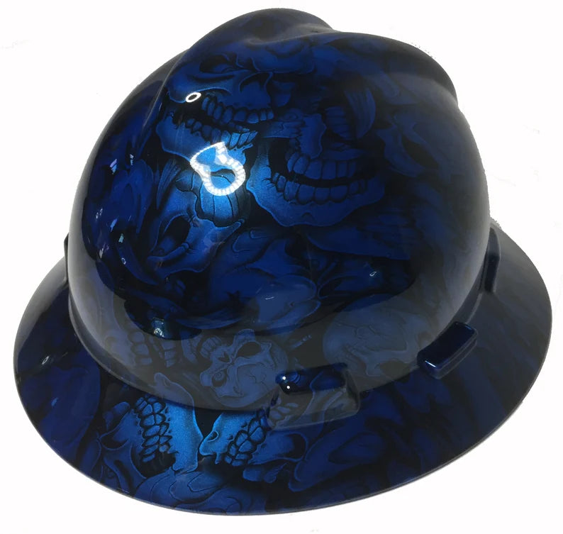 Custom Hard Hat Speedway Blue Insanity Skulls MSA V-Gard Full Brim