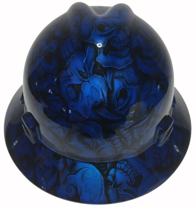 Custom Hard Hat Speedway Blue Insanity Skulls MSA V-Gard Full Brim