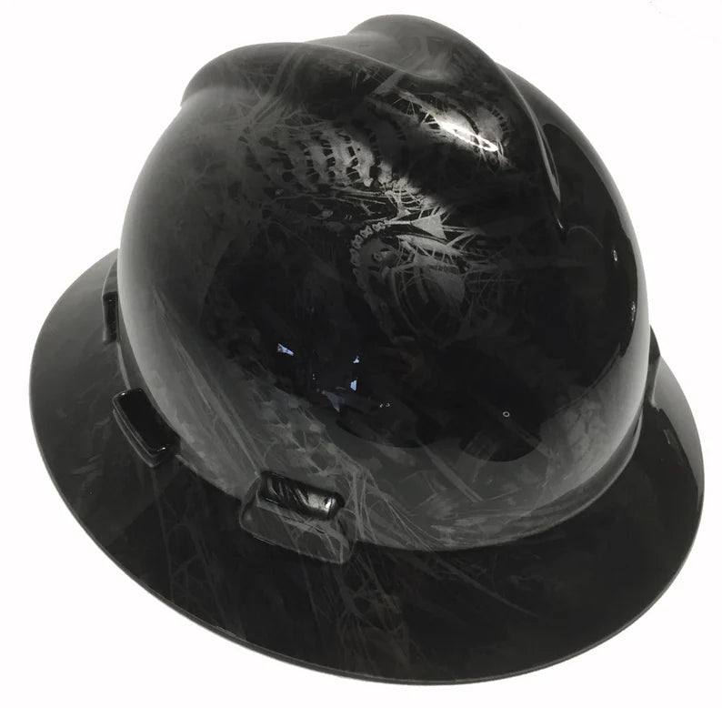 Custom Hard Hat Metallic Graphite Bio Mechanical MSA V-Gard Full Brim