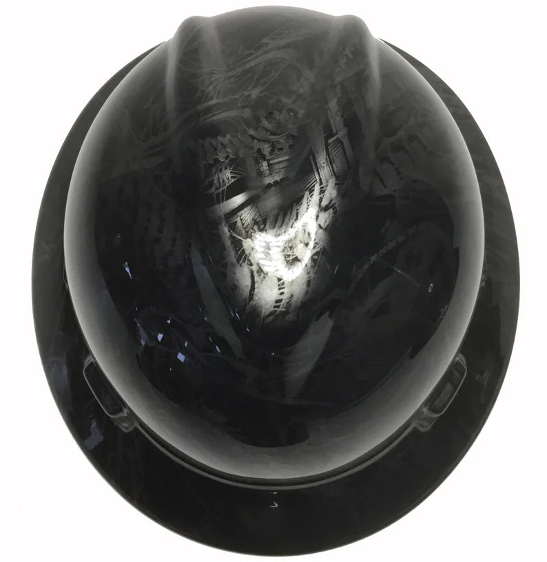 Custom Hard Hat Metallic Graphite Bio Mechanical MSA V-Gard Full Brim