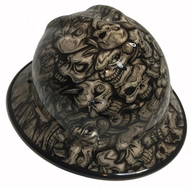 Custom Hard Hat Woodgrain Insanity Skulls MSA V-Gard Full Brim with Black EdgeGard