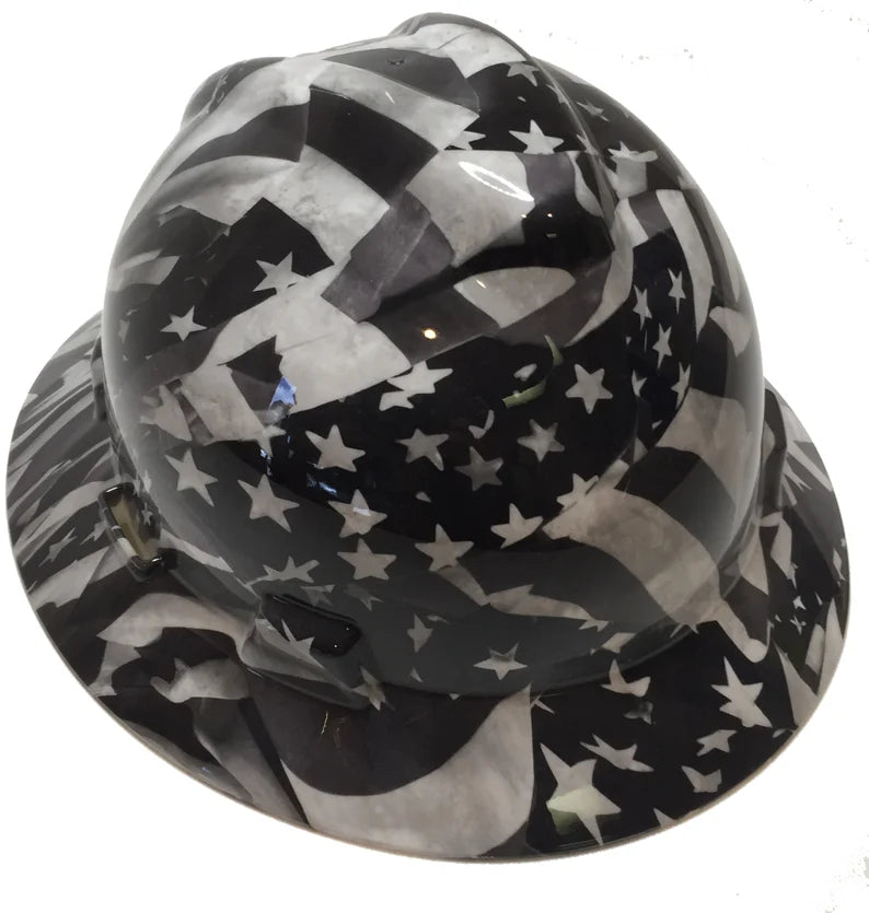 Custom Midnight American Flag Hard Hat MSA V-Gard Full Brim