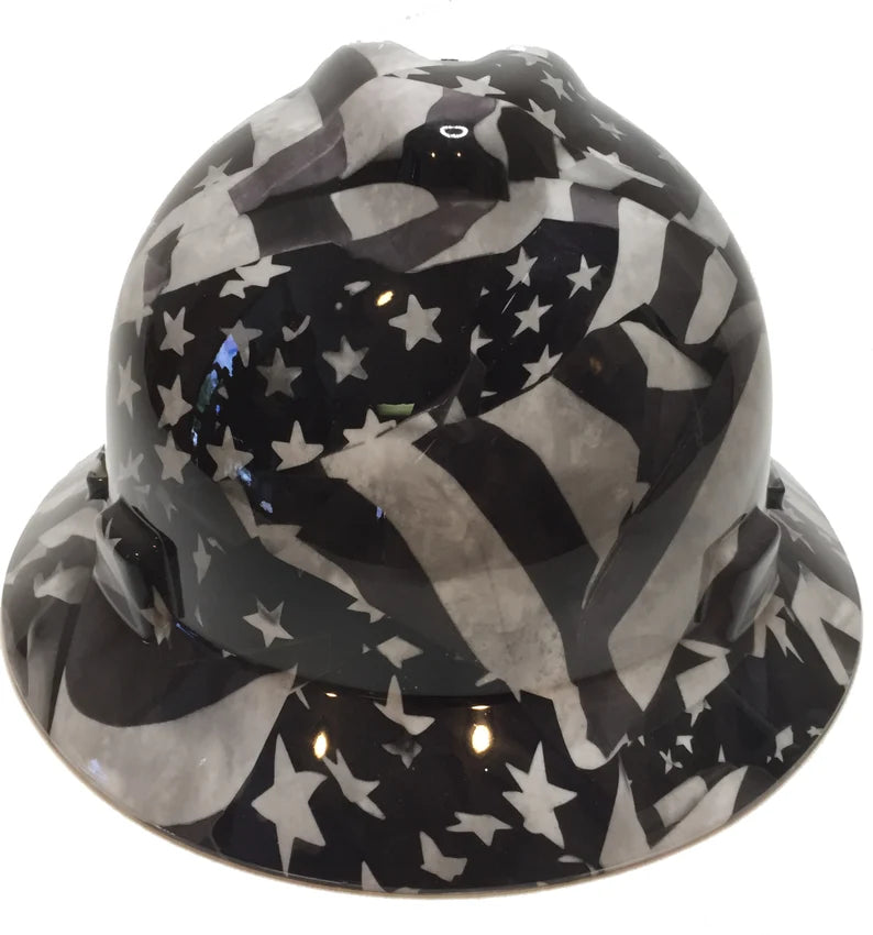 Custom Midnight American Flag Hard Hat MSA V-Gard Full Brim