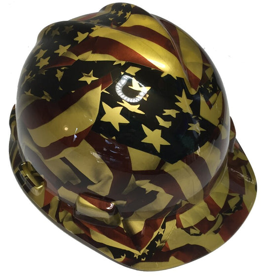 Custom Hard Hat Metallic Gold American Flag MSA VGard Cap Style