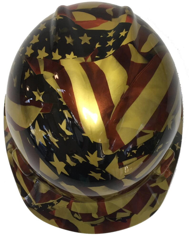 Custom Hard Hat Metallic Gold American Flag MSA VGard Cap Style