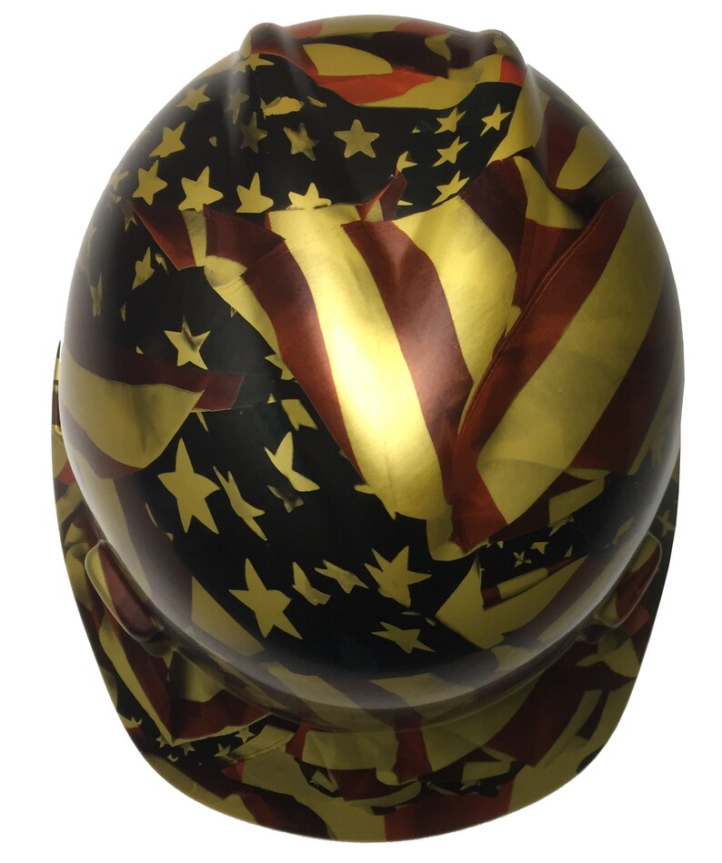 Custom Hard Hat Metallic Gold American Flag MSA VGard Cap Style