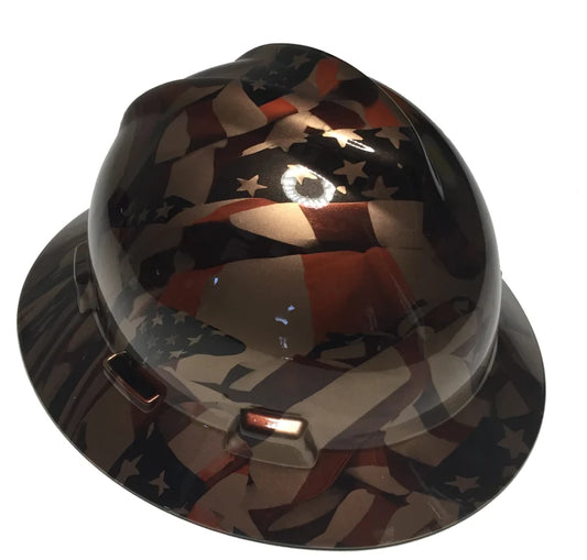 Custom Hard Hat Copper Metallic American Flags MSA V-Gard Full Brim