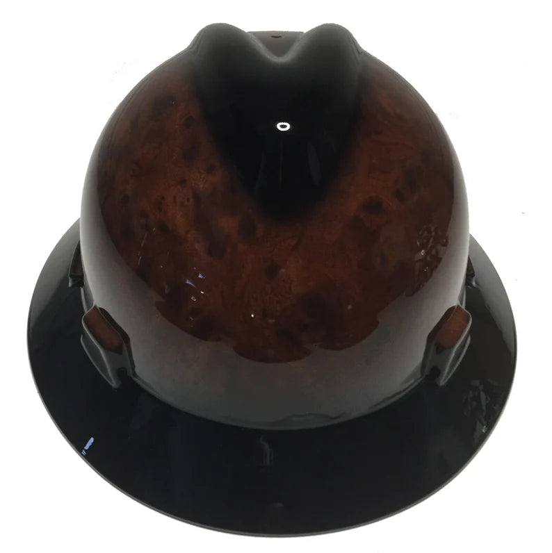 Custom MSA V-Gard Full Brim Hard Hat Dark Burlwood with Black V and Brim