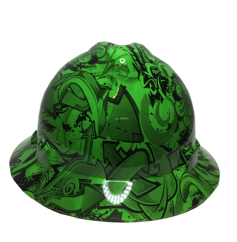 Custom Hard Hat Alien Green Graffiti Hydro Dipped MSA V-Gard Full Brim