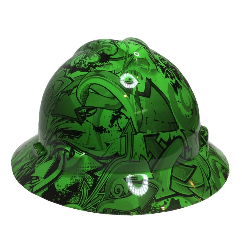 Custom Hard Hat Alien Green Graffiti Hydro Dipped MSA V-Gard Full Brim