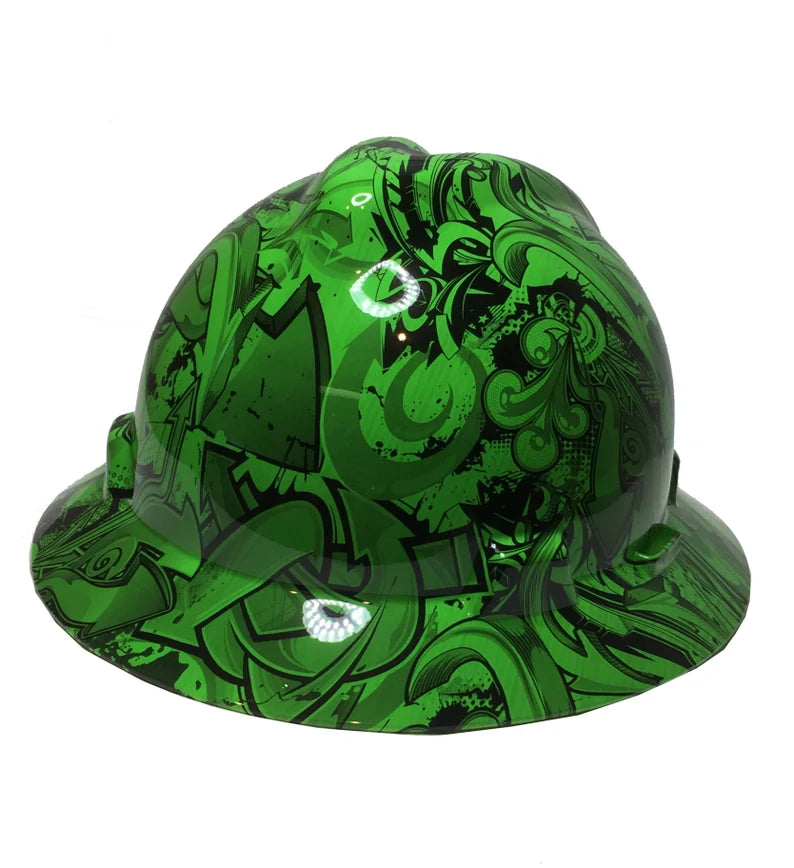 Custom Hard Hat Alien Green Graffiti Hydro Dipped MSA V-Gard Full Brim