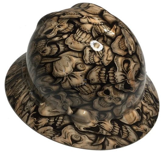 Custom Hard Hat Woodgrain Insanity Skulls MSA V-Gard Full Brim