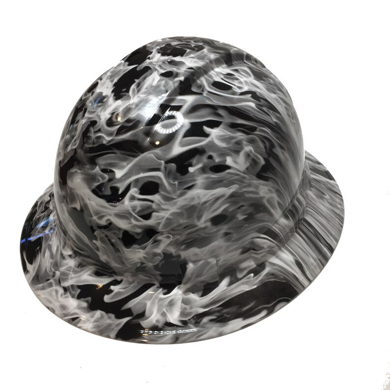 Custom Hydro Dipped Hard Hat White Flames Full Brim Ridgeline