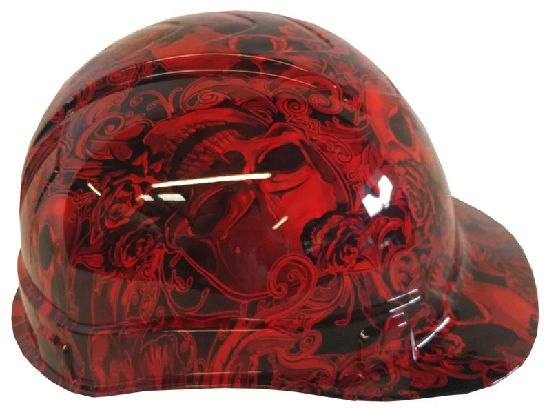 Hard Hat Ridgeline Cap Style Custom Red FIligree Skulls