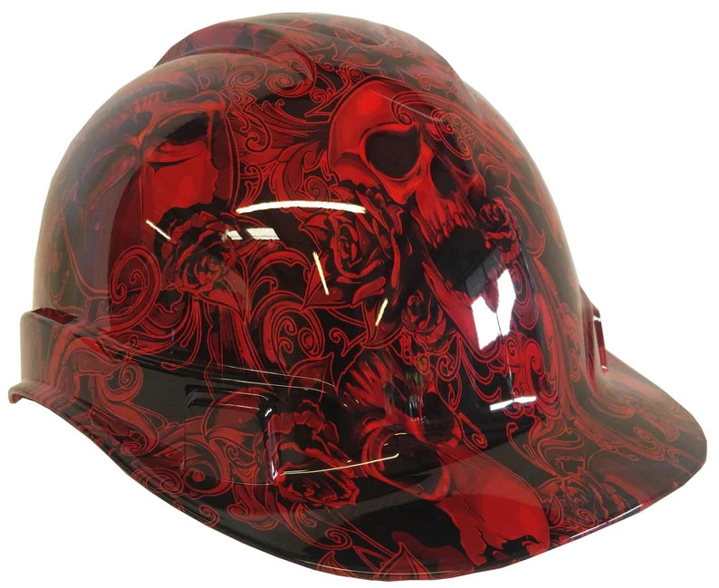 Hard Hat Ridgeline Cap Style Custom Red FIligree Skulls