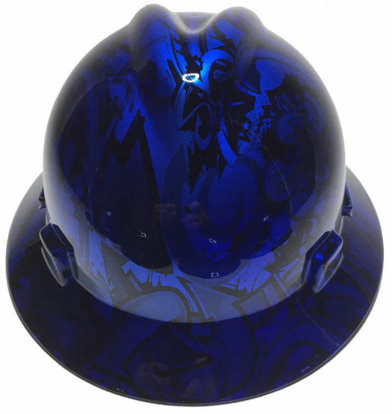 Custom Hard Hat Blue Kandy Graffiti MSA V-Gard Full Brim