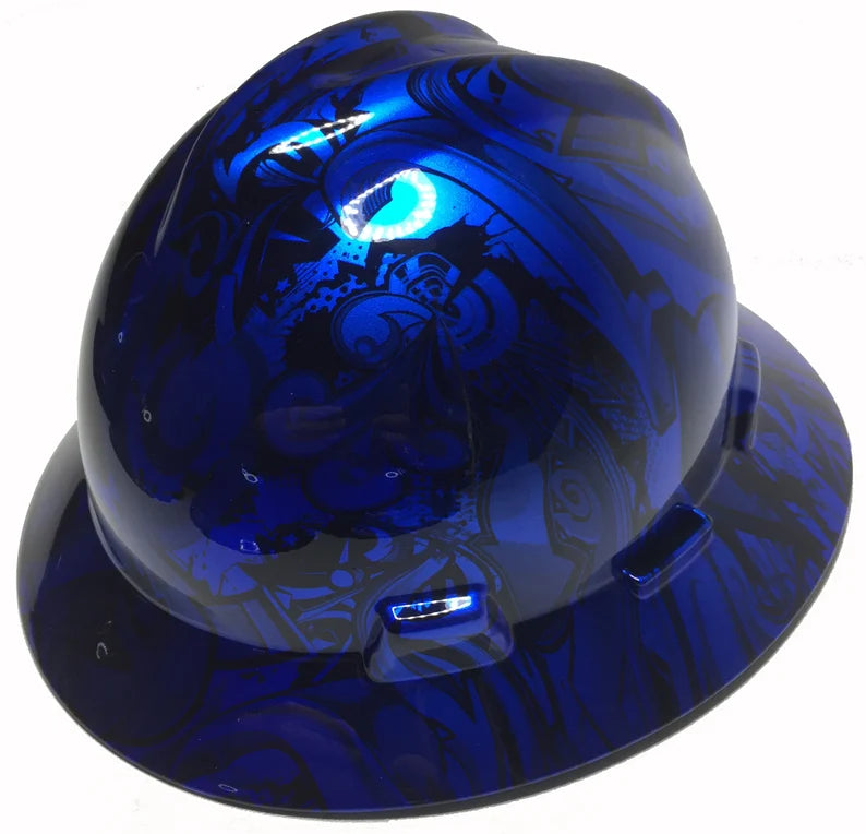 Custom Hard Hat Blue Kandy Graffiti MSA V-Gard Full Brim