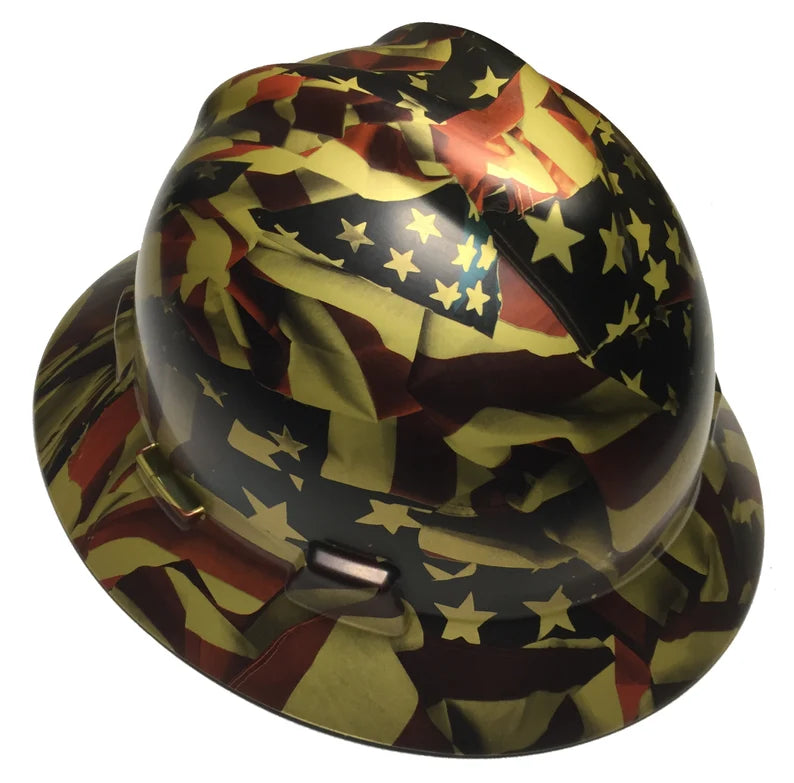 Custom Hydro Dipped Hard Hat Gold Metallic American Flags MSA V-Gard Full Brim