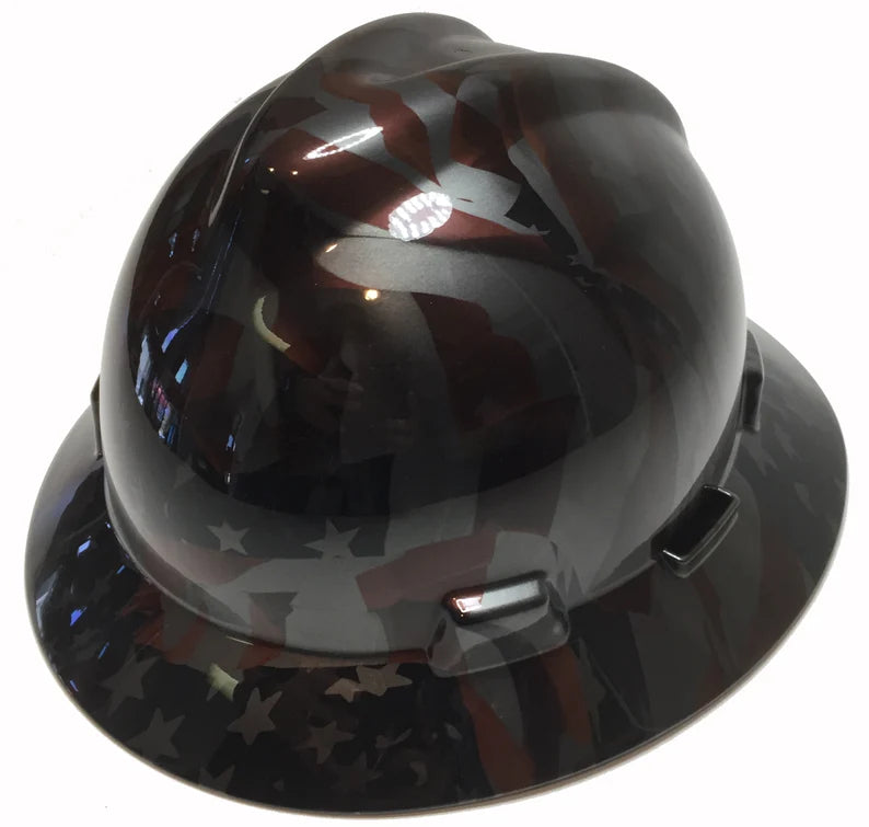 Custom Hard Hat Hydro Dipped Metallic Graphite American Flags MSA V-Gard Full Brim