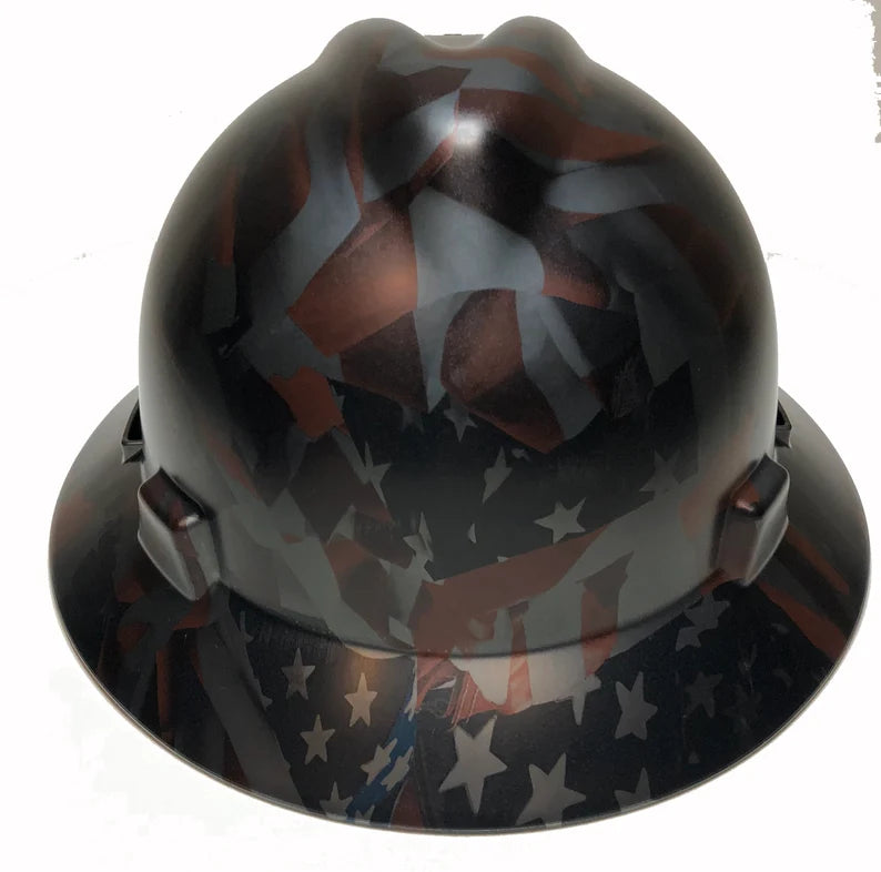 Custom Hard Hat Hydro Dipped Metallic Graphite American Flags MSA V-Gard Full Brim