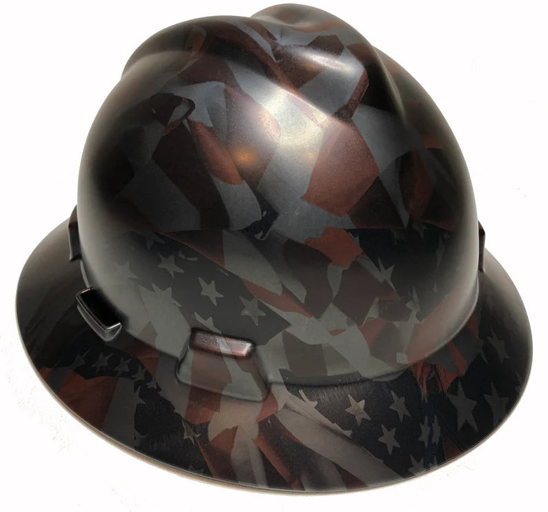 Custom Hard Hat Hydro Dipped Metallic Graphite American Flags MSA V-Gard Full Brim