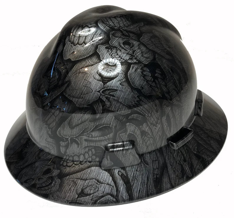 Custom Hard Hat Stainless Steel Insanity Skulls MSA V-Gard Full Brim