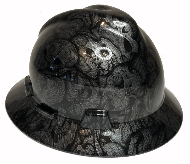 Custom Hard Hat Stainless Steel Insanity Skulls MSA V-Gard Full Brim