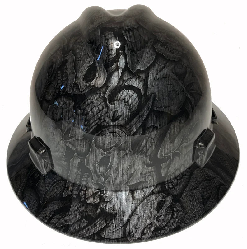 Custom Hard Hat Stainless Steel Insanity Skulls MSA V-Gard Full Brim