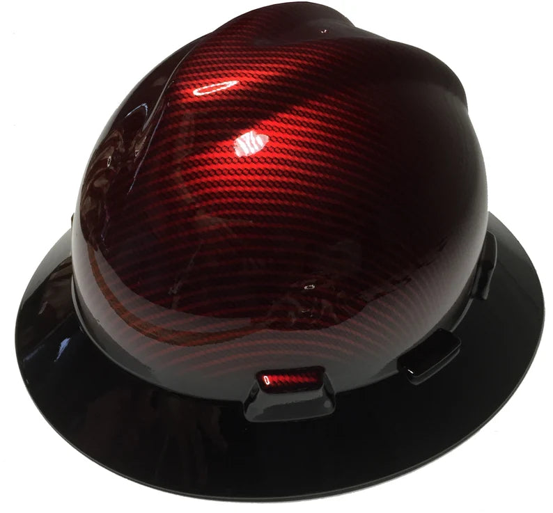 Custom Hard Hat MSA V-Gard Full Brim Kandy Red Carbon Fiber Hydro Dipped with Black Brim